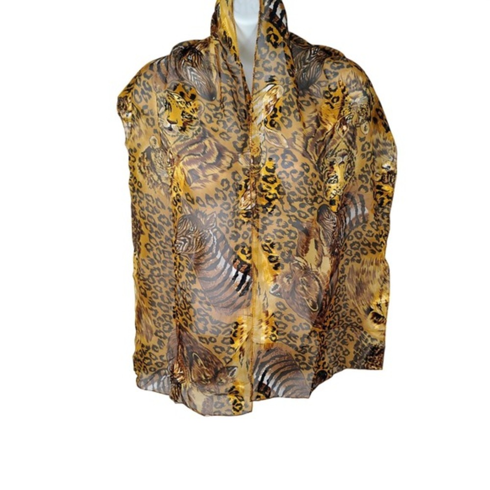 Animal Print Sheer Scarf Tiger Leopard Gold safari jungle wildlife mpb wife - Picture 2 of 6